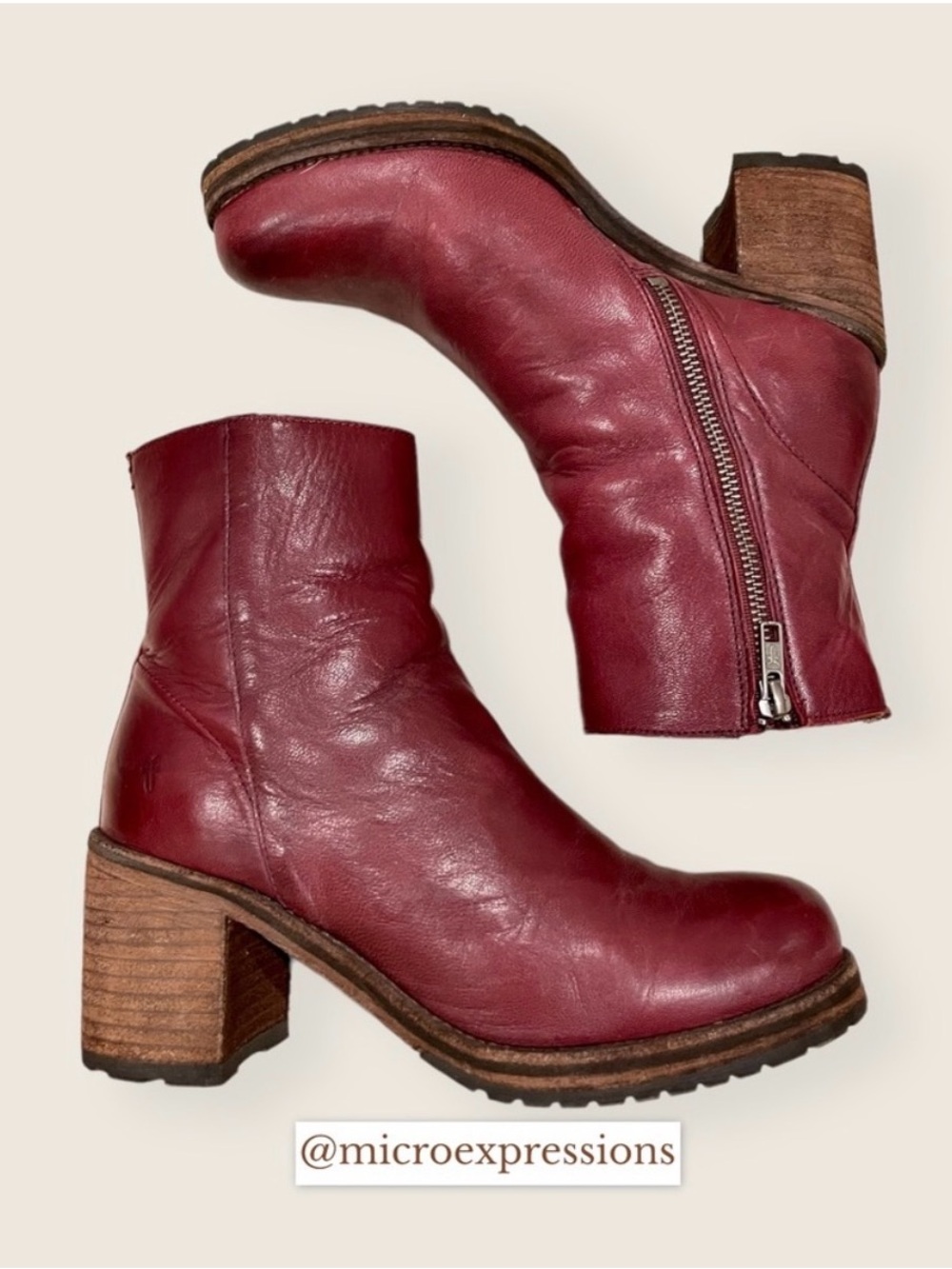 Frye Karen Inside Zip Burgundy Red Leather Combat Moto Heeled Short Ankle Boots